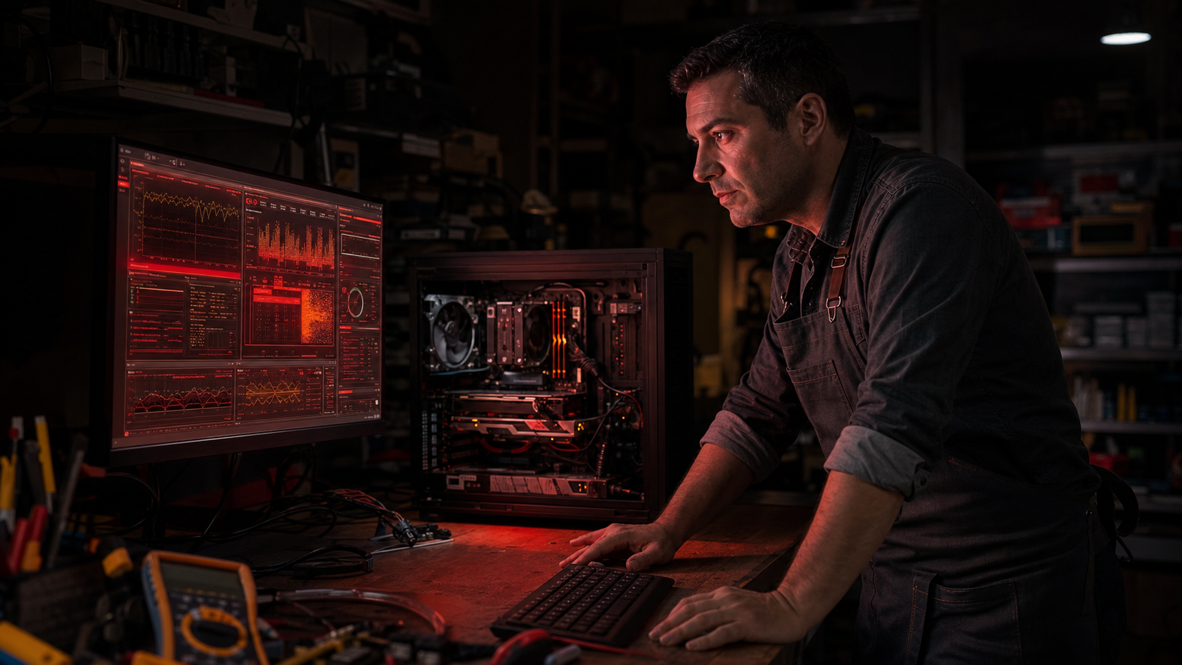 Diego Orlando davanti a un monitor diagnostico con grafici e letture hardware in tempo reale, illuminazione rossa nel laboratorio Diagnostica PC di Frosinone