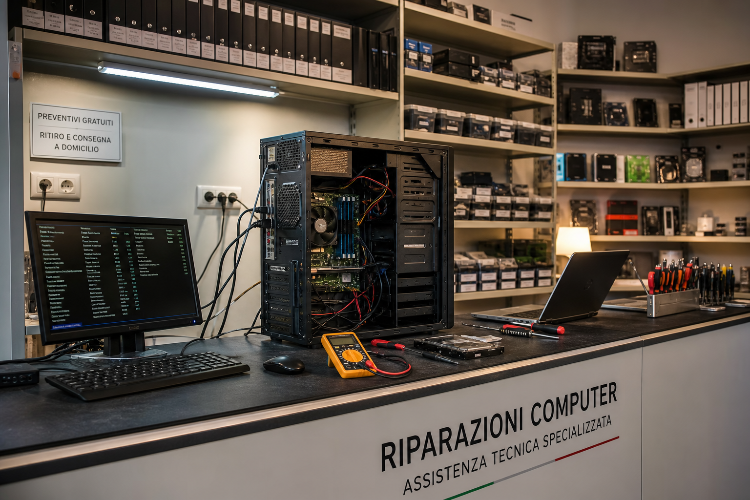 Bancone del laboratorio Diagnostica PC con scaffali di componenti e strumenti diagnostici a Frosinone