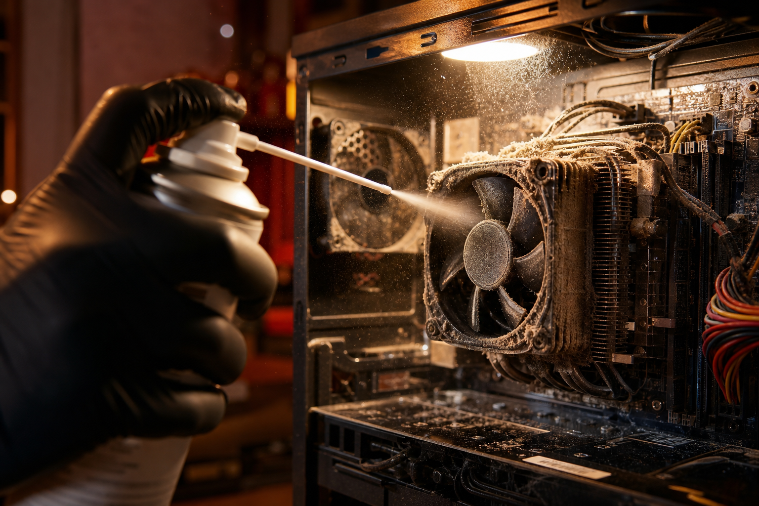 Tecnico che pulisce con aria compressa l'interno di un case PC, dettaglio di dissipatore e ventole