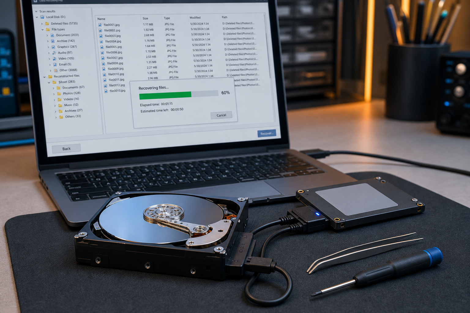 Hard disk collegato a una stazione di recupero dati con barra di avanzamento su schermo