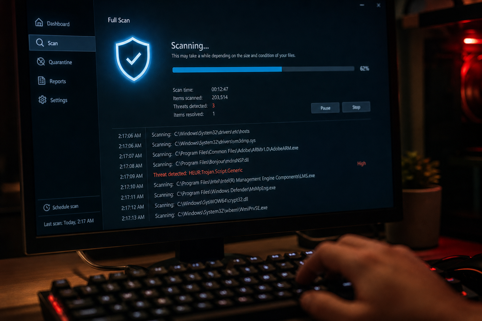 Schermo con interfaccia di scansione antivirus e scudo di sicurezza digitale, tastiera in primo piano