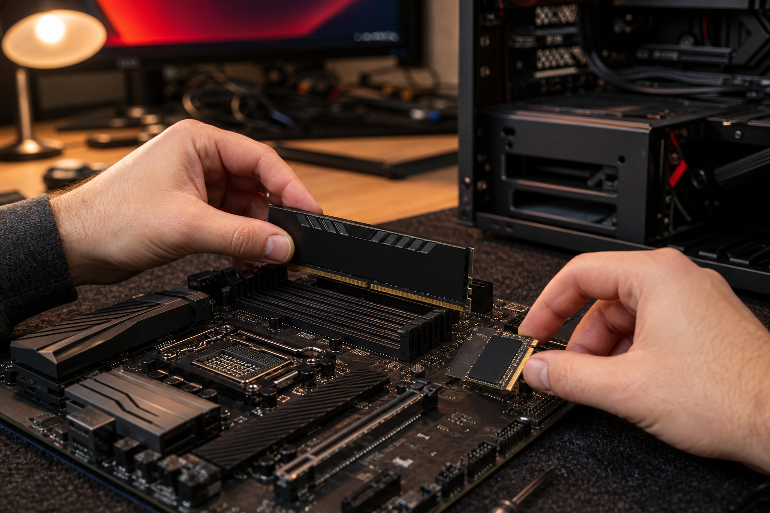 Mani che installano un modulo RAM e un SSD NVMe su una scheda madre durante un upgrade PC
